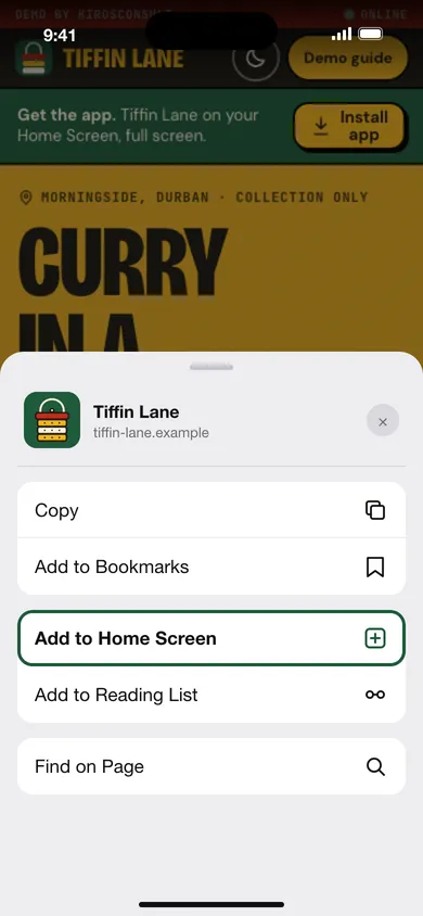 Phone showing the Tiffin Lane demo website with the Add to Home Screen option highlighted in the share sheet