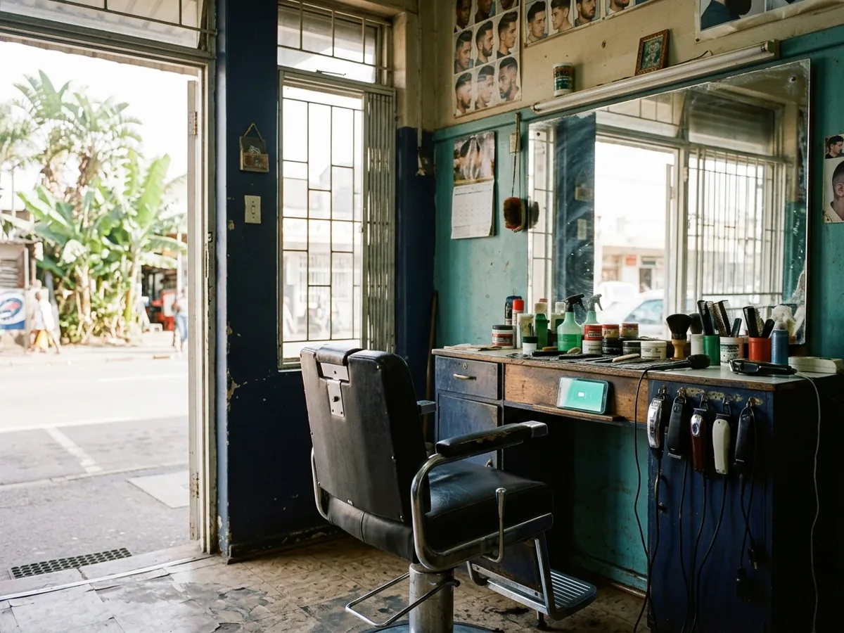 A small barber shop with one chair and a phone on the counter
