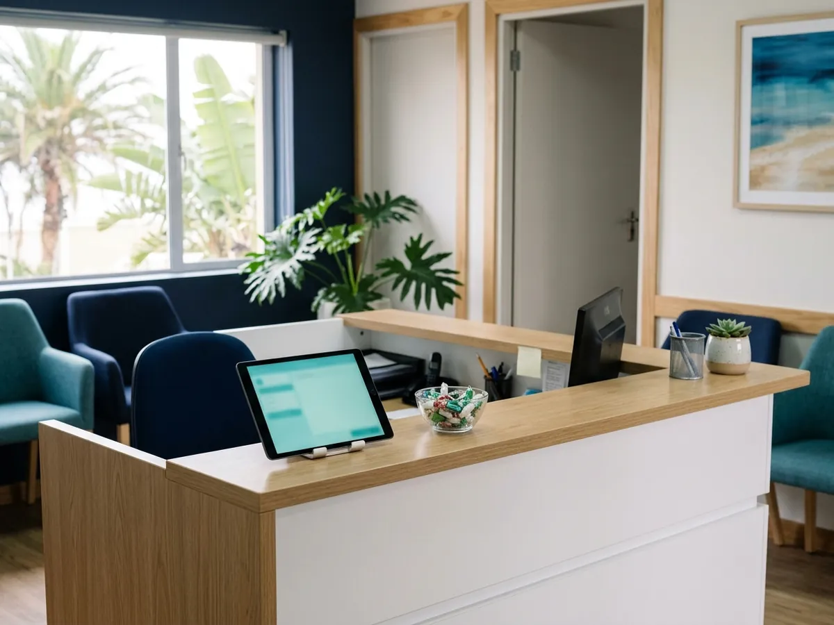 A dental practice reception desk with a tablet