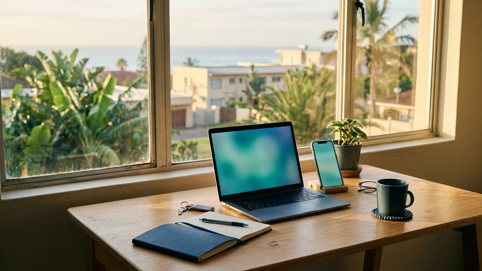 A laptop and phone on a desk, both glowing softly