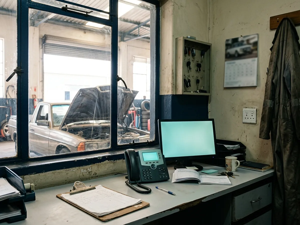 A motor workshop office with a phone on the desk